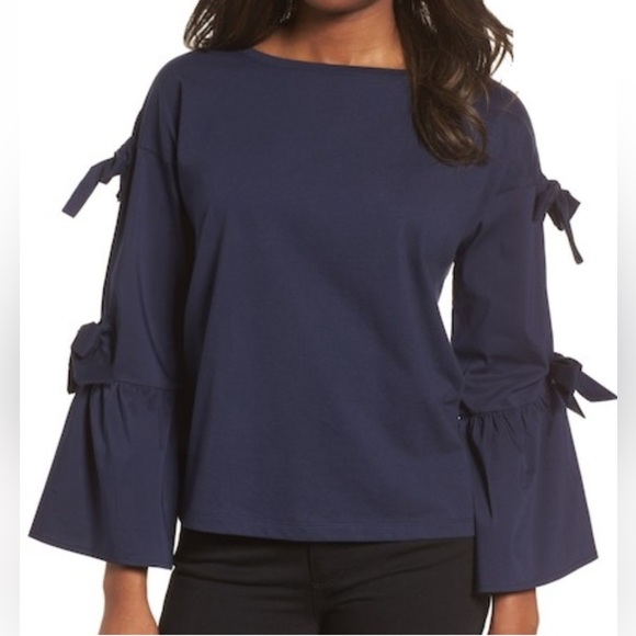 Halogen bow sleeve Navy Blue Women's Top cotton size M - Picture 1 of 11